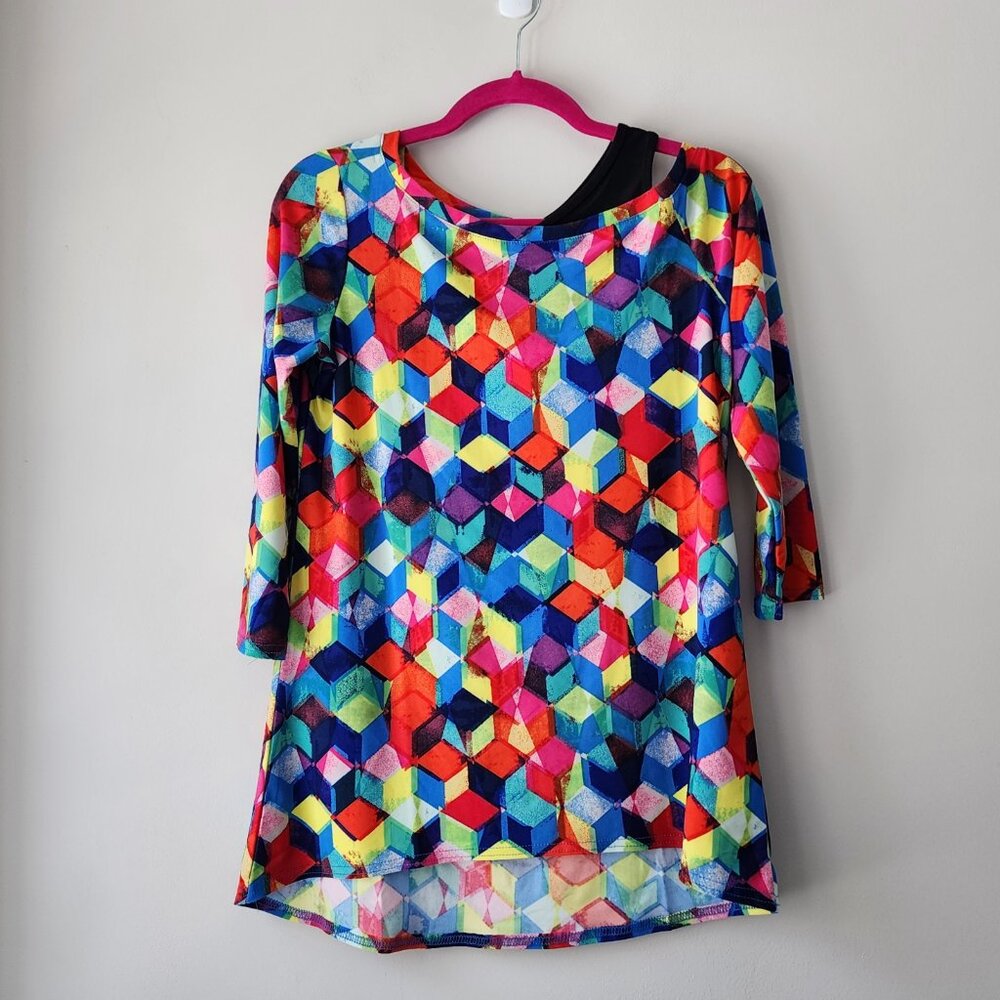 Attitudes by Renee Asymmetrical Blouse | XXS | Geometric Peekaboo Colorful QVC